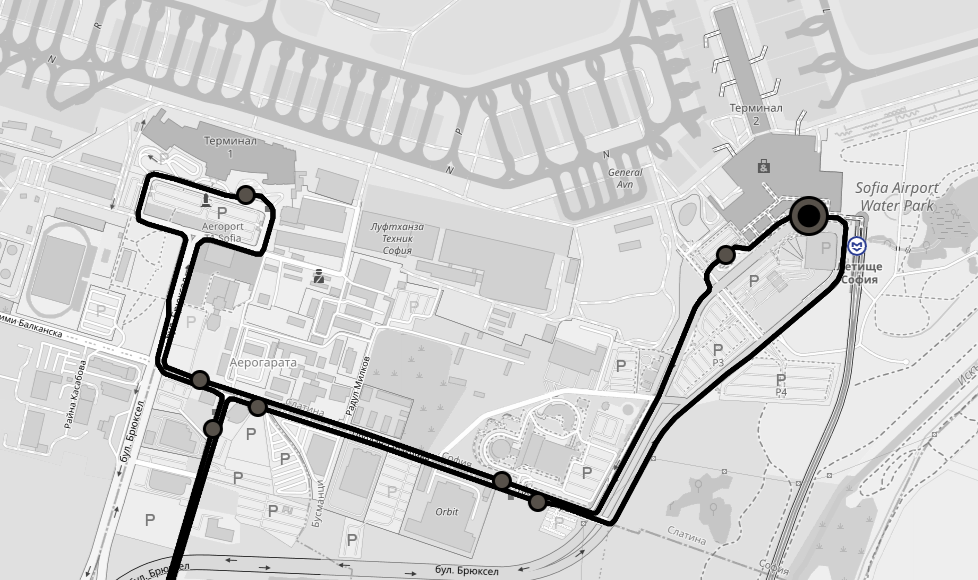 Scheme of the night bus stops to Sofia Airport (Terminal 1 and Terminal 2) in 2025. Night lines are part of the public transport in Sofia.