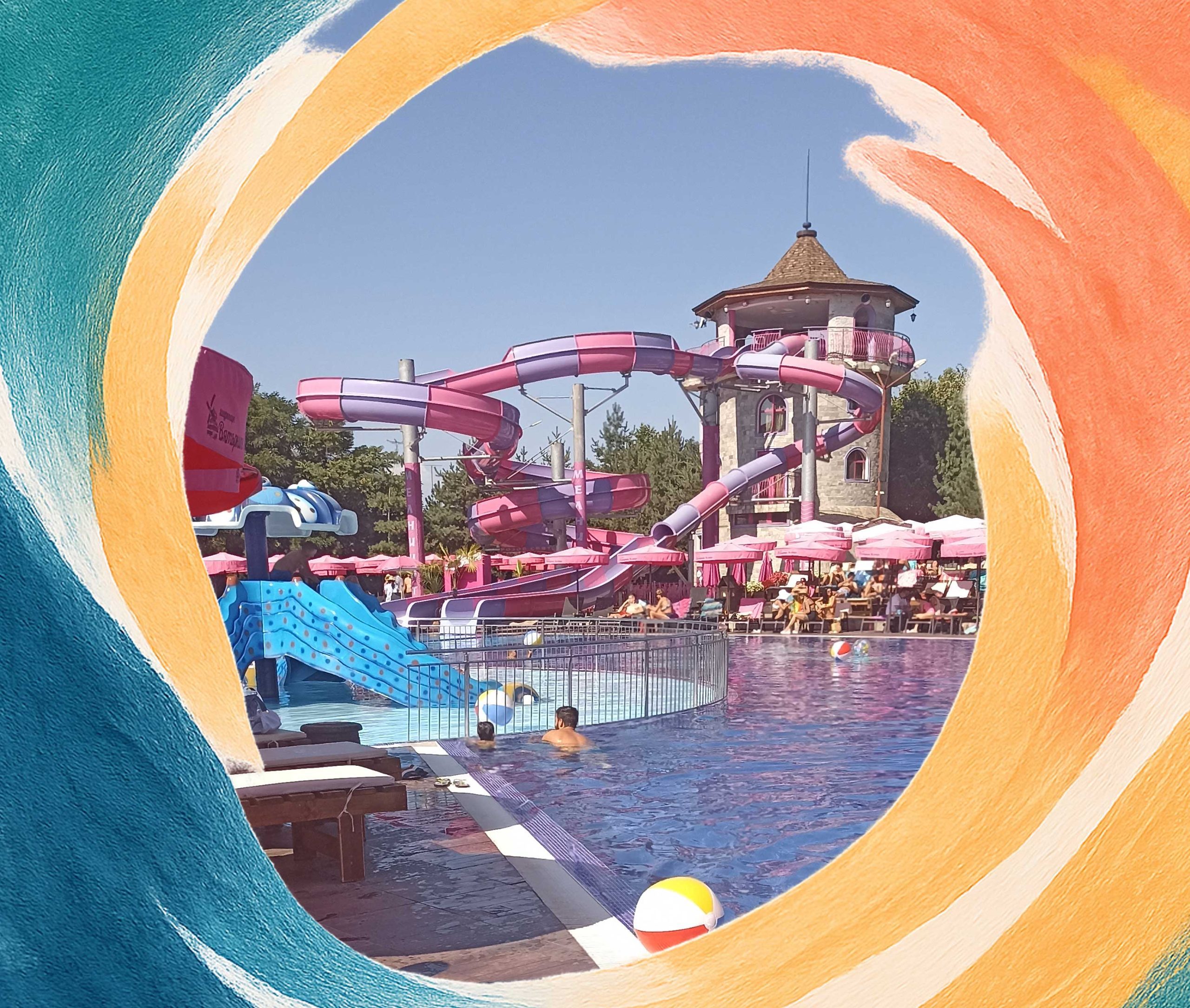 The pink pools at the Vyatarnite Melnitsi (The Windmills) aquapark near Sofia, Bulgaria.