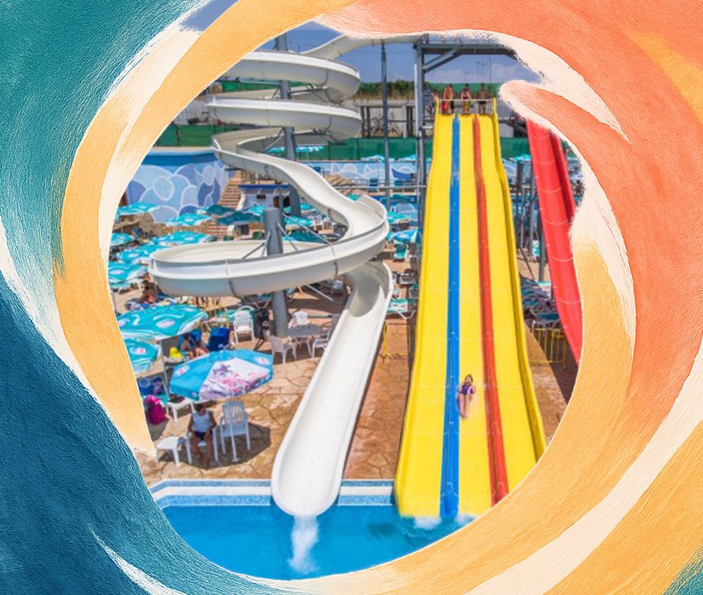 Tourists enjoying summer activities at Konza Funsport water park near Sofia.