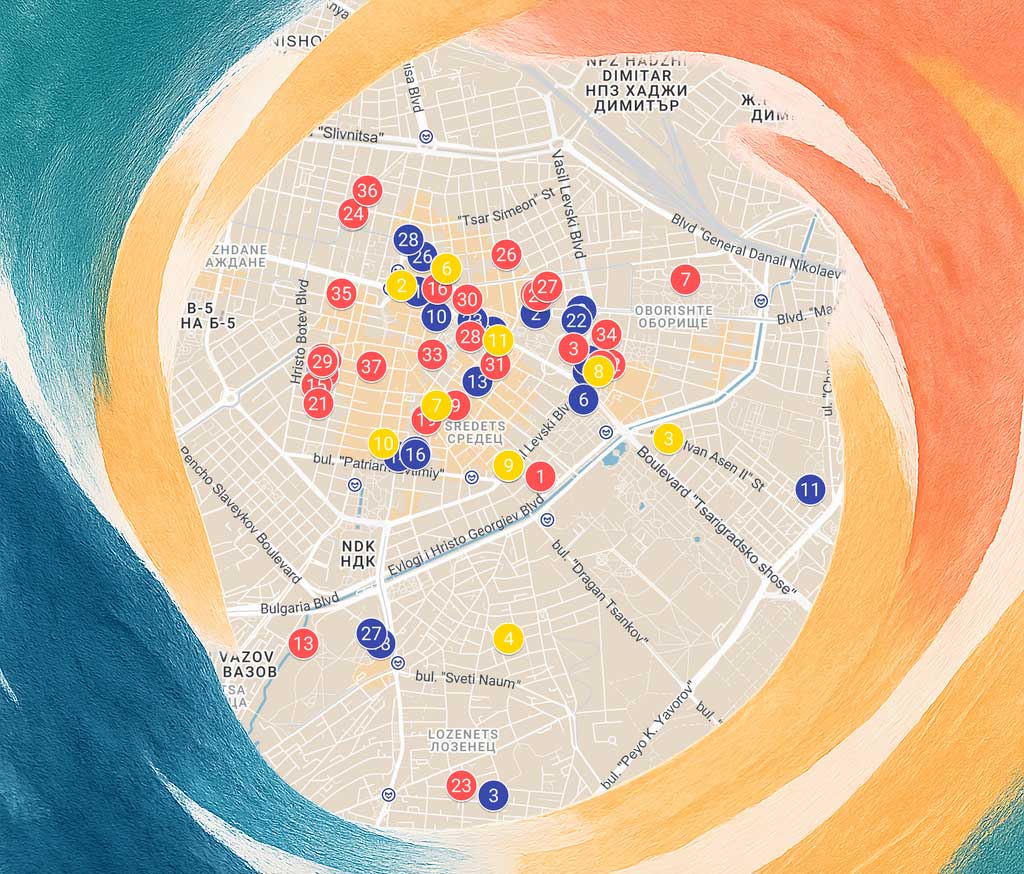 Map showing the places open to public for the Night of Museums in Sofia in 2025.