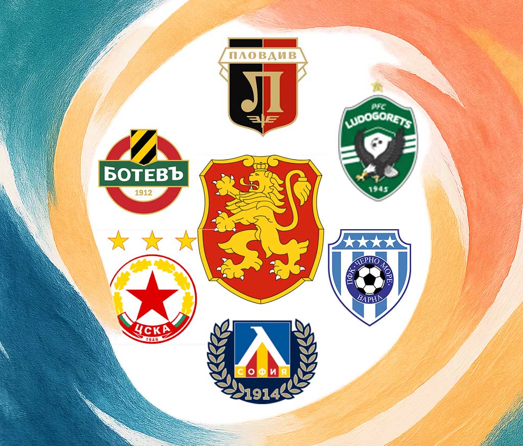 Bulgarian Football teams (clockwise): Lokomotiv (Plovdiv), Ludogorets (Razgrad), Cherno More (Varna), Levski (Sofia), CSKA (Sofia), Botev (Plovdiv)