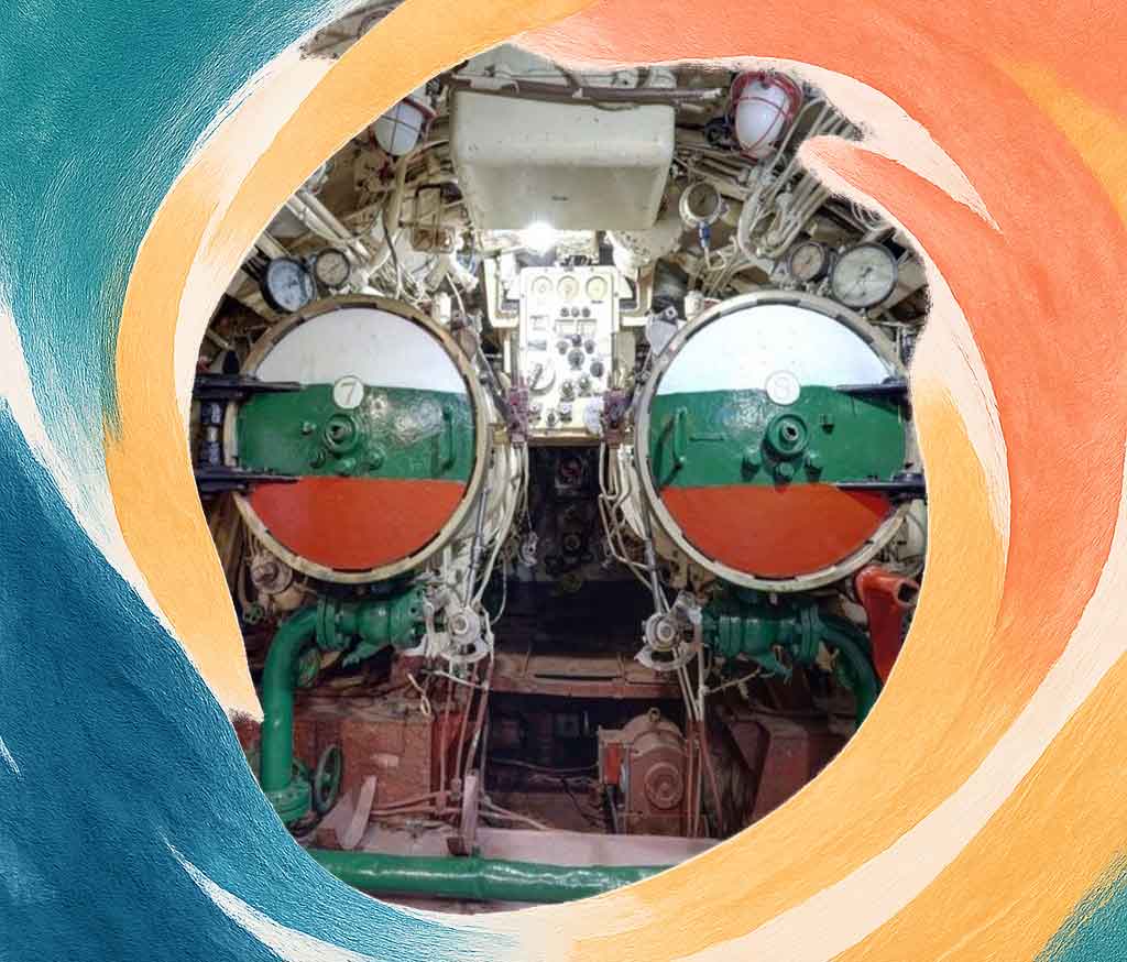 The interior of the Cold War submarine museum, showing narrow passageways and original equipment explored during a day trip from Varna.