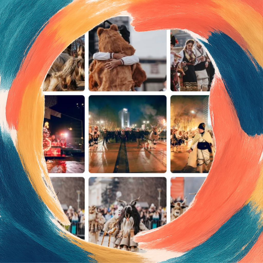 A collage of vibrant moments from the Surva Festival in Pernik: handmade masks and costumes worn by performers during the winter masquerade.