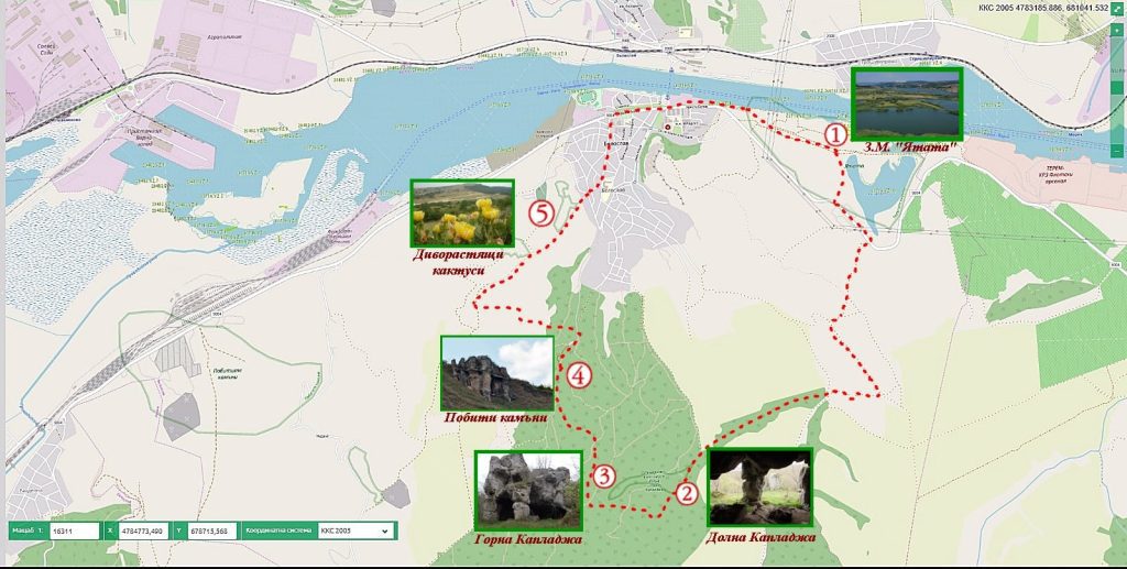 A map of the newly built eco-path in the Yatata protected area, a nature-rich walking route perfect for a peaceful day trip from Varna.